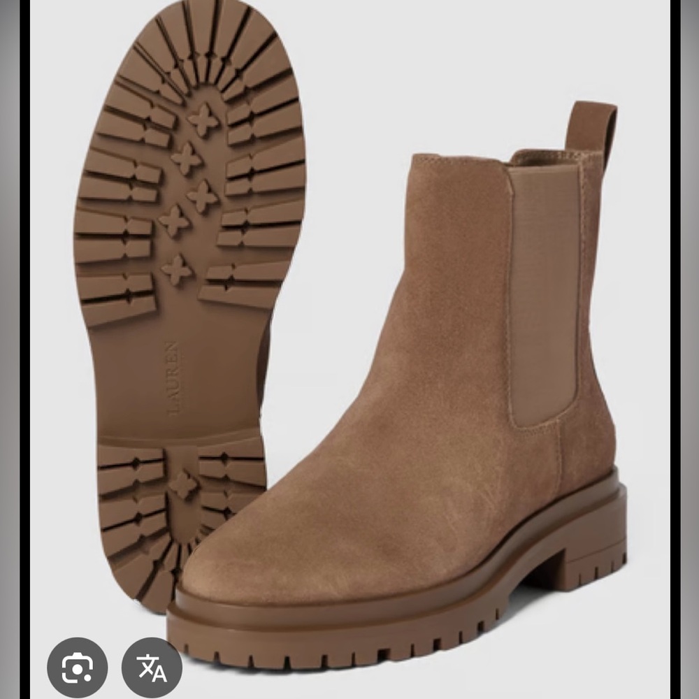 Ralph Lauren Corinne tan suede slip on Moto clog boots water resistant Chelsea 8